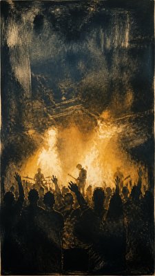 a live music scene with a glowing stage and silhouetted crowd, energetic vertical composition with open space at the top, no text
