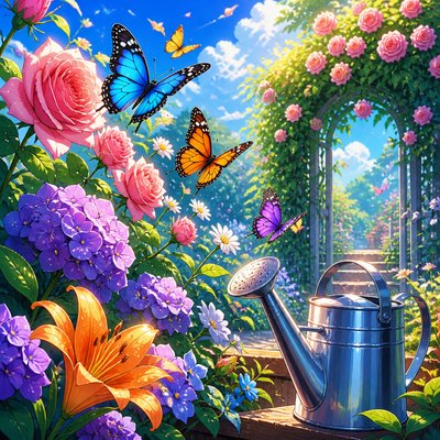 a garden scene with butterflies, flowers and a watering can, clean uncolored line art, no text