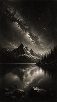 a tranquil mountain lake beneath a starry night sky, no people, no text