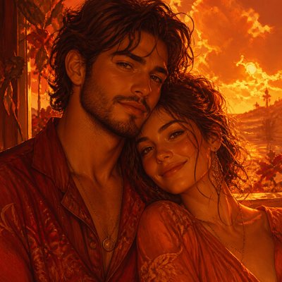 portrait of two people together — Warm Palette Art Style