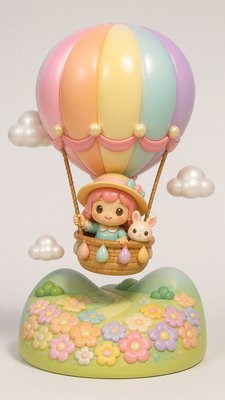 a hot air balloon drifting over rolling flower fields on a sunny day, cheerful, no text