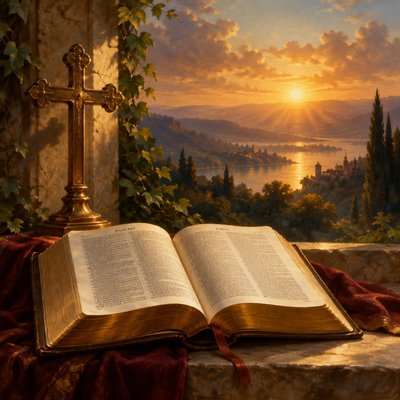 open Bible, cross, and sunlit landscape