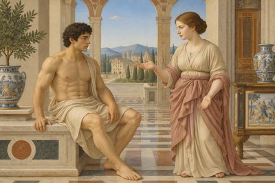 a painting of a man and a woman in a palace