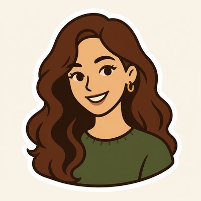 head-and-shoulders portrait of an original character: a young woman with wavy chestnut hair and a warm smile, plain soft backdrop