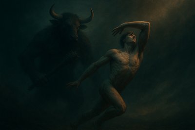 a painting of a man standing next to a demon