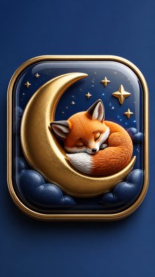 a sleeping baby fox curled on a crescent moon among soft stars, gentle and warm, no text