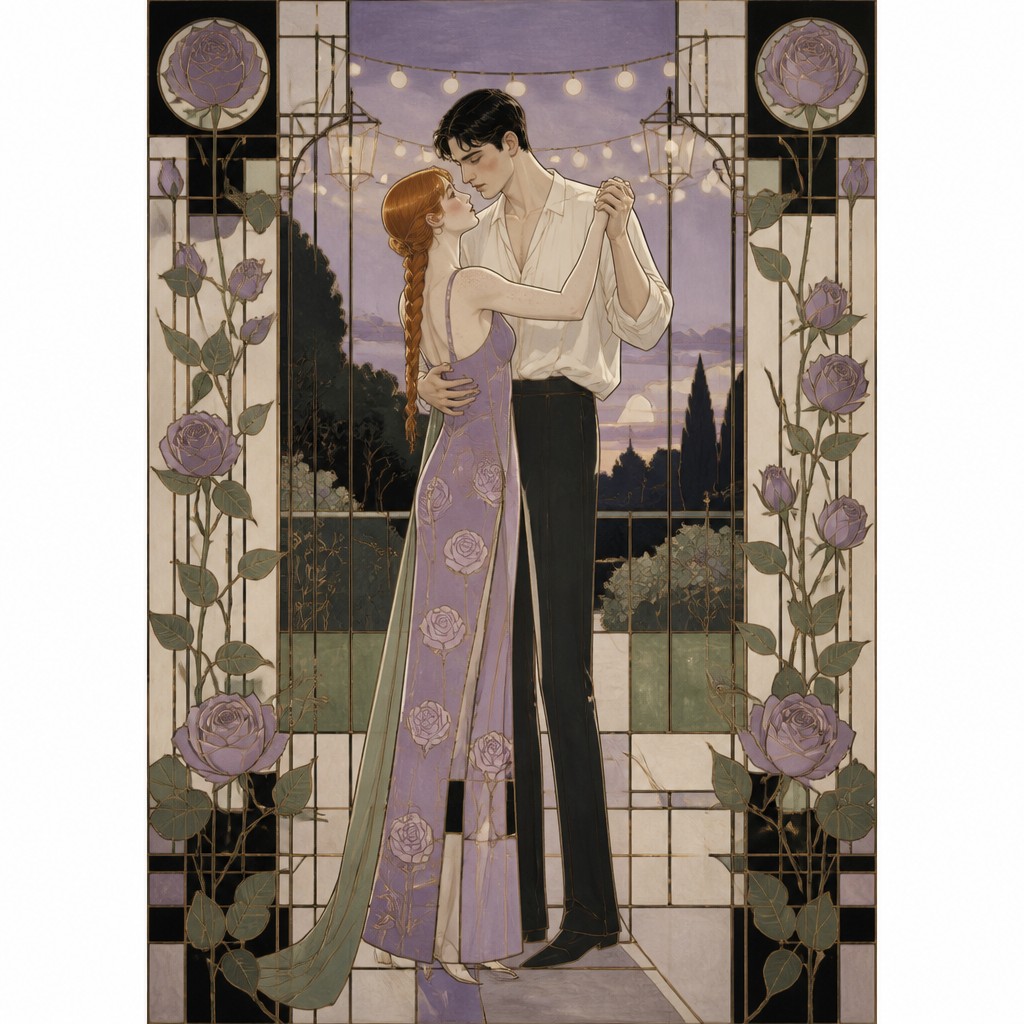 an original couple dancing under string lights in a garden at dusk: a man with short black hair in a linen shirt and a woman with braided red hair in a summer dress