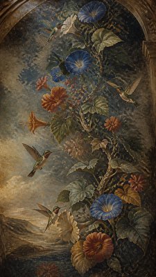 a climbing vine of flowers and hummingbirds on a dark background, tall wrapping composition, no text