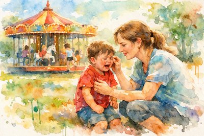 An outdoor scene in a park.  a merry-go-round is nearby.  A mother squats down to help her little boy, who is crying and making a fuss.  other kids are playing in the background but this little boy is very unhappy.  Mom has a kind and gentle face and is trying to help him feel better.