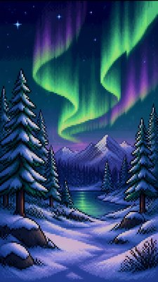 a snowy pine forest under the northern lights, no people