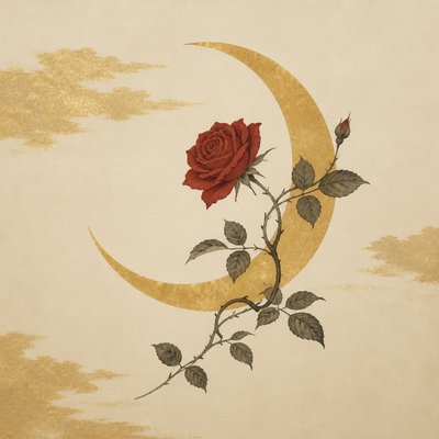 a rose entwined with a crescent moon, clean balanced composition on a plain background, no text