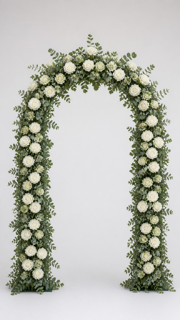 an arch of white roses and eucalyptus in soft morning light, elegant vertical composition with open space, no text