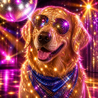 portrait of a golden retriever wearing a blue bandana, warm plain backdrop, no text