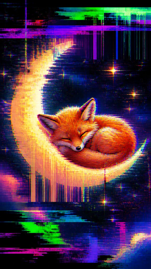 a sleeping baby fox curled on a crescent moon among soft stars, gentle and warm, no text