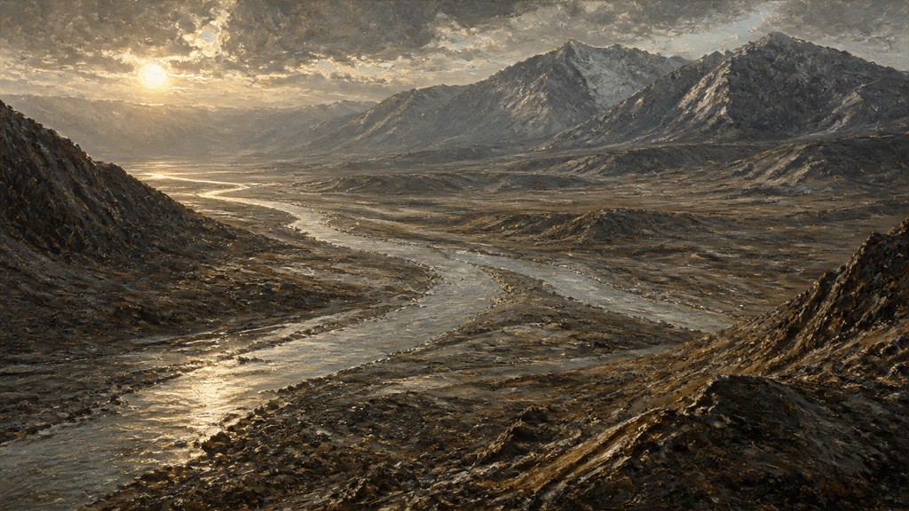 a vast valley with a river winding toward distant mountains at sunrise, no people, no text