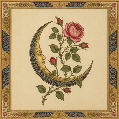 a rose entwined with a crescent moon, clean balanced composition on a plain background, no text