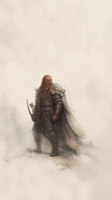full-body original character: a dwarven ranger with a braided auburn beard, worn leather armor, a longbow and a wolf-pelt cloak, neutral background, no text