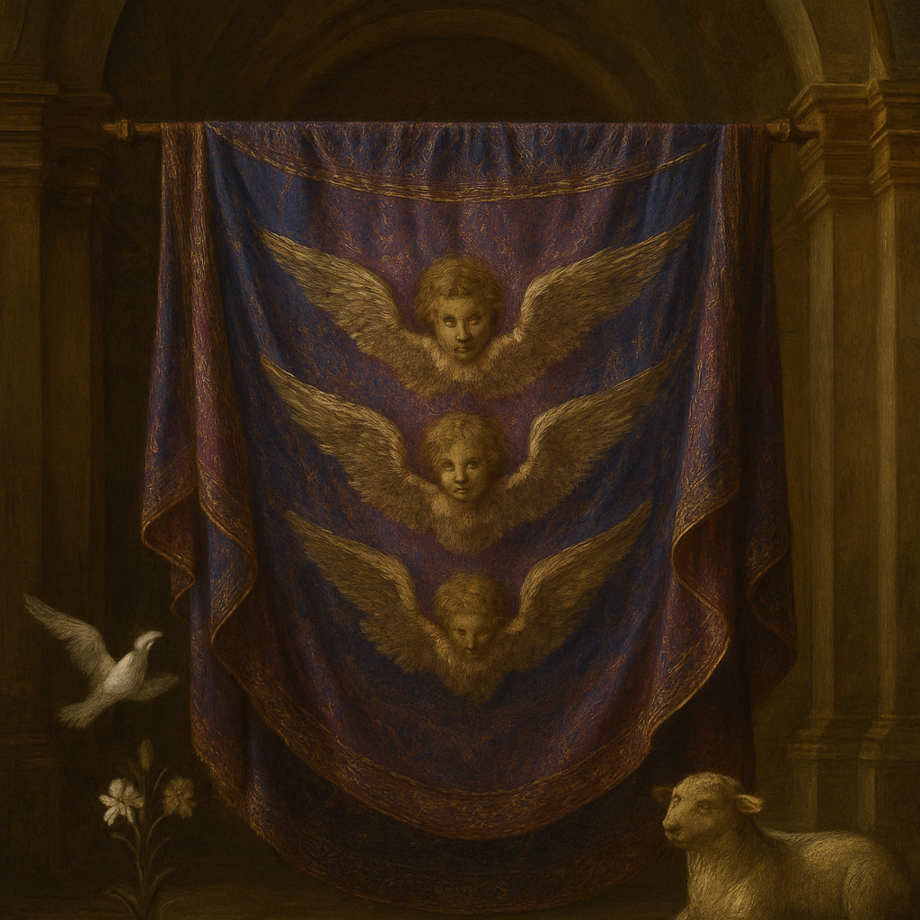Renaissance Painting Art Style, a magnificent and awe-inspiring Veil of the Tabernacle from Exodus 26:31, hanging grandly in a sacred space. The veil is exquisitely woven from deep blue, regal purple, and vivid scarlet yarn, intertwined with finely twisted pure white linen. Intricately and skillfully woven into the fabric are detailed, majestic cherubim with outstretched wings, their forms appearing almost alive within the threads. The entire veil shimmers with a subtle, divine luminosity, catching soft, ethereal light that emphasizes its rich textures, elaborate patterns, and sacred purpose. Focus on the luxurious drape of the fabric, the vibrancy of the colors, and the dignified, ethereal presence of the cherubim.