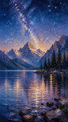a tranquil mountain lake beneath a starry night sky, no people, no text
