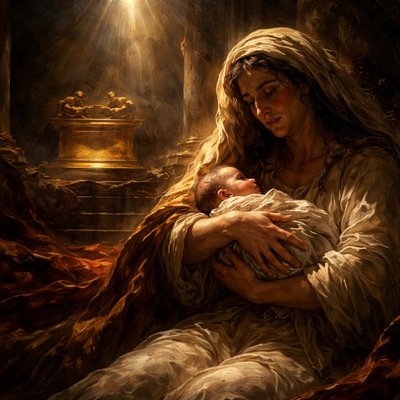 A cinematic, low-angle shot of a weary woman in ancient Near Eastern linen garments, cradling a newborn infant in a dimly lit stone room. Her expression is one of profound grief and exhaustion. In the background, a silhouette of an empty golden pedestal where a sacred artifact once sat. High contrast, dramatic chiaroscuro lighting, earthy tones of ochre and deep shadow.
