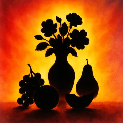still life arrangement of fruits and flowers