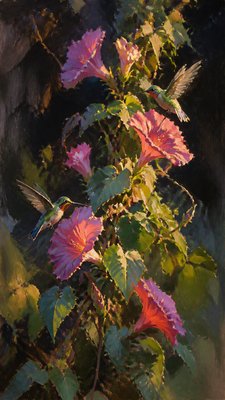 a climbing vine of flowers and hummingbirds on a dark background, tall wrapping composition, no text