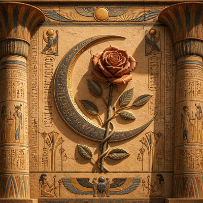 a rose entwined with a crescent moon, clean balanced composition on a plain background, no text