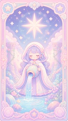 a robed figure pouring water beneath a large eight-pointed star in a night sky, symmetrical composition with an ornate decorative border, no text