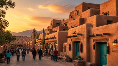 bustling city street panorama at dusk