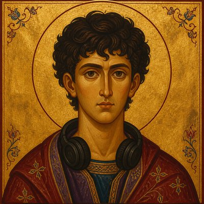 head-and-shoulders portrait of an original character: a young man with curly dark hair and headphones around his neck, plain backdrop, no text
