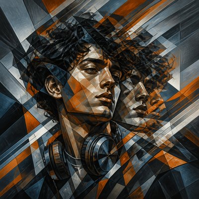 head-and-shoulders portrait of an original character: a young man with curly dark hair and headphones around his neck, plain backdrop, no text