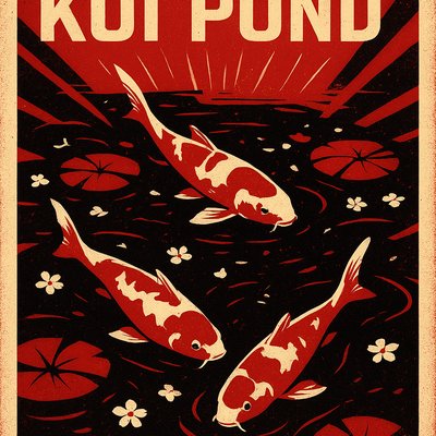 A koi pond seen from above, orange and white koi fish swimming among lily pads, clear water with subtle ripples, fallen cherry blossom petals floating on the surface, dappled sunlight