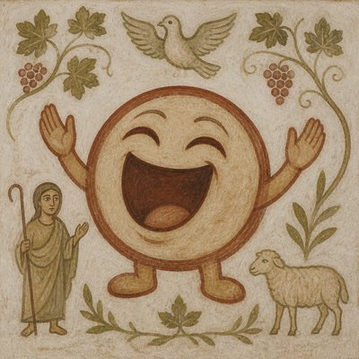 an exaggerated laughing face of an original round mascot character, bold and readable at small size, plain background, no text