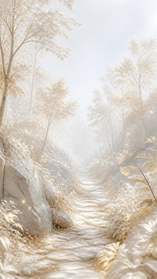 a mysterious forest path with fireflies and drifting mist, atmospheric vertical composition with open space at the top, no text