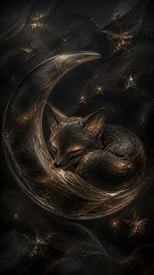 a sleeping baby fox curled on a crescent moon among soft stars, gentle and warm, no text
