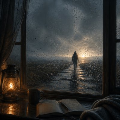 a solitary figure walking toward a glowing horizon across an empty plain, moody atmosphere, no text or lettering