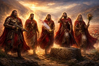 A wide, cinematic shot of six valiant ancient Hebrew warriors, the sons of Tola, standing in a vast desert valley. Each man is dressed in majestic tunics and sashes of deep scarlet, representing the Tola (scarlet worm) dye.Uzzi (My Strength): A massive, hulking commander in bronze-plated leather armor, prominently holding a modern tactical Uzi submachine gun with gold-inlay Hebrew engravings.

Jahmai (God Guards): Wrapped in a shimmering, protective golden aura that glows against his red robes.

Jibsam (Fragrant): Holding a golden censer emitting thick, fragrant clouds of white and scarlet-tinted incense. Shemuel (Heard of God): Posed in a moment of stillness, hand cupped to his ear as a faint golden light enters his mind.

Jeriel (Founded by God): Standing firmly atop a massive, ancient cornerstone carved with kermes oak branches.

Rephaiah (God Heals): Holding a wooden staff entwined with medicinal herbs and blooming red flowers. In the background, a massive army of 22,600 soldiers, all wearing scarlet standards, stretches to the horizon. High-contrast lighting, dramatic sunset, grit and hyper-detail, 8k resolution, biblical epic style. No text or letters on screen. Each man should look unique not cloned. 