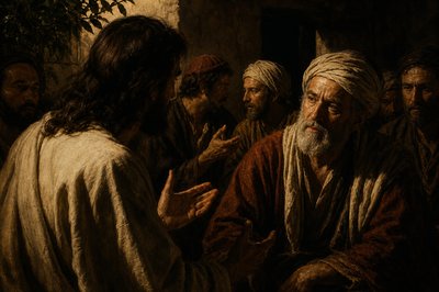 “And one of the scribes came up and heard them disputing with one another, and seeing that he answered them well, asked him, “Which commandment is the most important of all?” Jesus answered, “The most important is, ‘Hear, O Israel: The Lord our God, the Lord is one. And you shall love the Lord your God with all your heart and with all your soul and with all your mind and with all your strength.’ The second is this: ‘You shall love your neighbor as yourself.’ There is no other commandment greater than these.” And the scribe said to him, “You are right, Teacher. You have truly said that he is one, and there is no other besides him. And to love him with all the heart and with all the understanding and with all the strength, and to love one’s neighbor as oneself, is much more than all whole burnt offerings and sacrifices.” And when Jesus saw that he answered wisely, he said to him, “You are not far from the kingdom of God.”  Jesus stands among His disciples in a shady patio area outdoors talking to this scribe.  His disciples wonder at the exchange.  Several of them are also engaged in conversations set around the one Jesus is having.  We see Jesus from the left rear quarter, where we can see only the back of His head and the side of his face.  His hands are expressing His point.  The scribe to whom He speaks has a poignant, thoughtful expression.