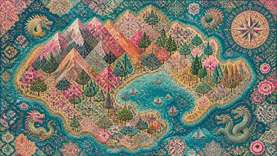 a map of an island realm with mountains, forests, a sheltered bay, sea monsters in the water and a compass rose, no text labels