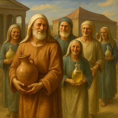 Renaissance Painting Art Style, a joyful and purposeful group of ancient Israelites, including smiling elderly men and women, walking with a sense of contentment and humble pride. Each carries beautifully crafted clay jars or alabaster flasks filled with pure, clear, golden oil of pressed olives. The oil shimmers with an ethereal clarity within the translucent vessels. They are making their way along a sunny path in the Tabernacle courtyard, with glimpses of the Tabernacle structure in the background. The light is bright and warm, illuminating their radiant faces and highlighting the honor and devotion in their offering. Focus on the rich textures of their simple linen garments, the liquid clarity and glow of the olive oil, and the celebratory, devotional atmosphere of their task.