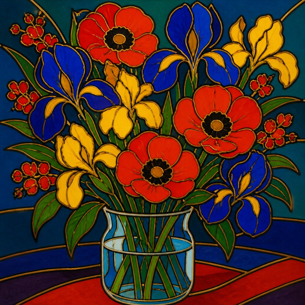 bouquet of flowers in a glass vase — Cloisonnism Art Style