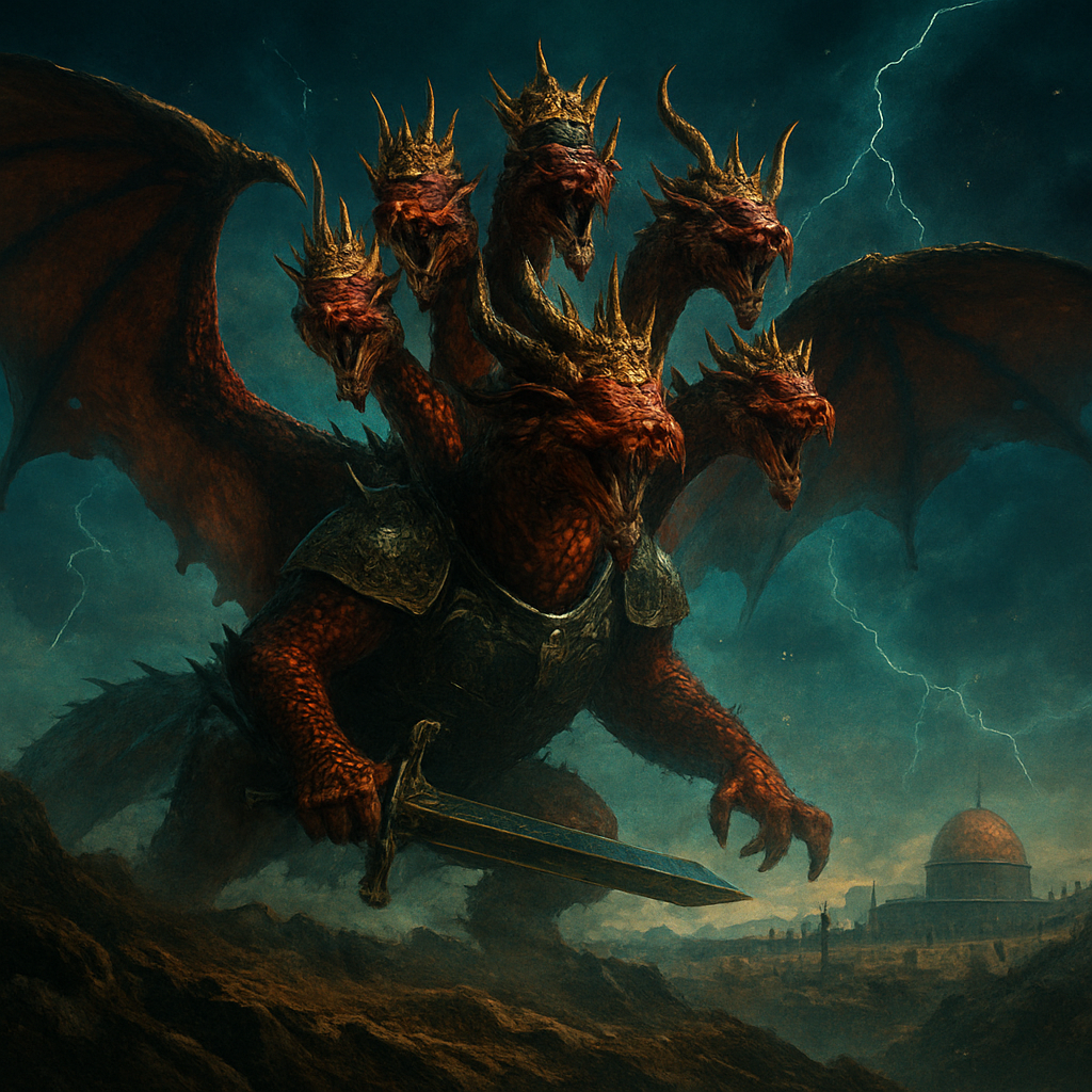 A colossal 7 headed red dragon with kings crowns on each head, and ten horns, on rugged hills outside Jerusalem under stormy dark sky with lightning strikes, hyper-realistic surreal style immaculate details on armor weapons and dragon,