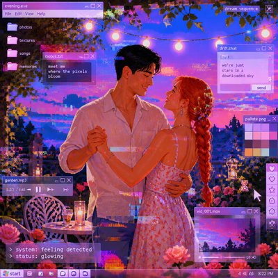 an original couple dancing under string lights in a garden at dusk: a man with short black hair in a linen shirt and a woman with braided red hair in a summer dress