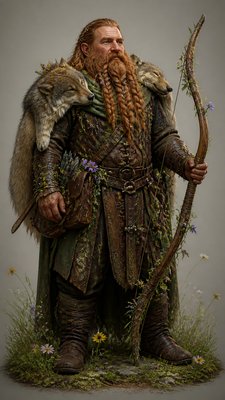full-body original character: a dwarven ranger with a braided auburn beard, worn leather armor, a longbow and a wolf-pelt cloak, neutral background, no text