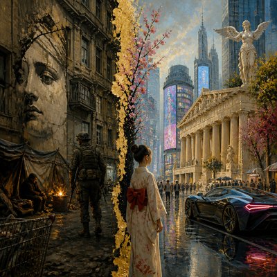 urban street with city activity — Bold Juxtaposition Art Style