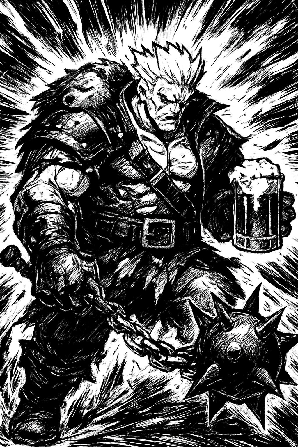 a black and white drawing of a man holding a beer