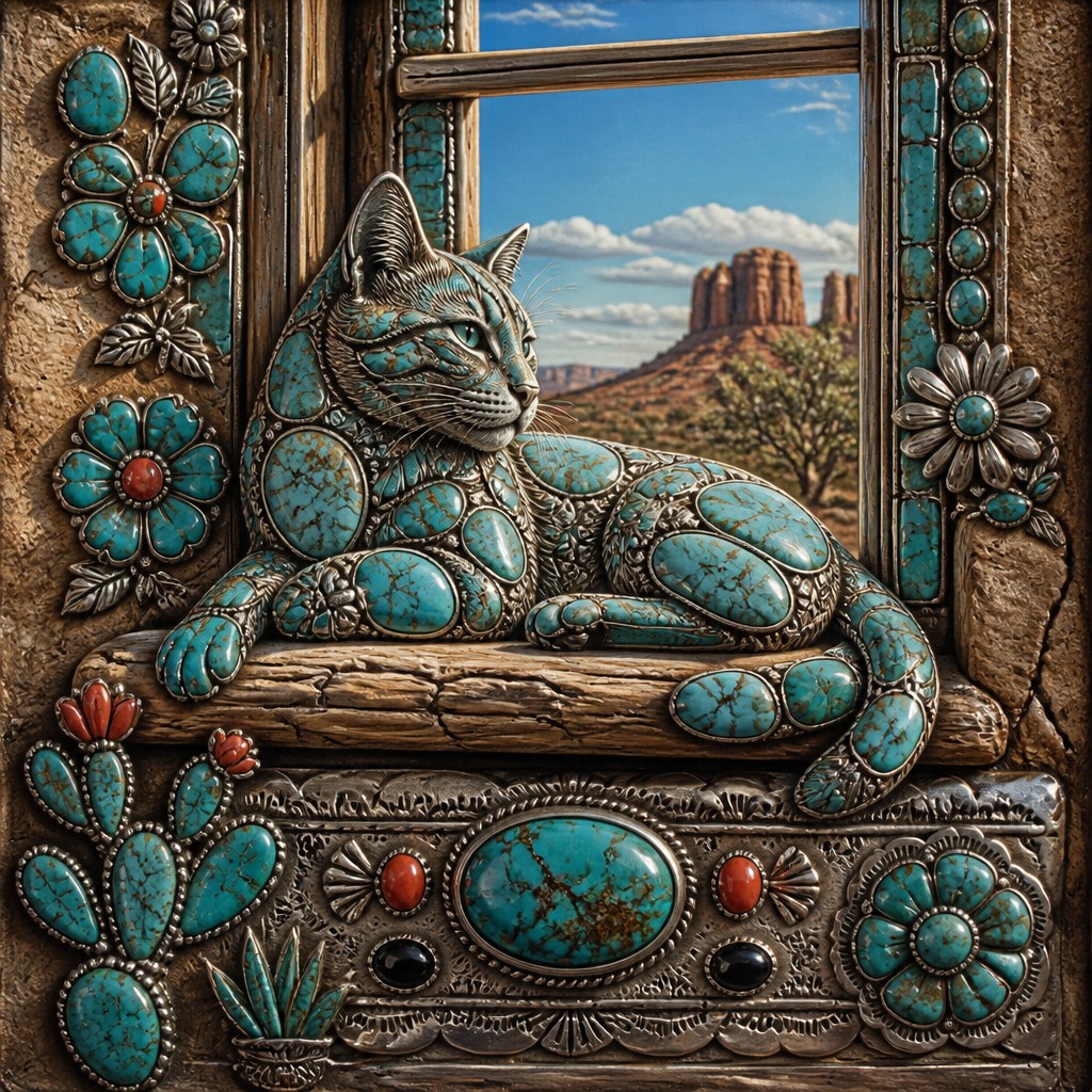 a cat lounging in a sunlit window — Southwestern Turquoise Jewelry Style