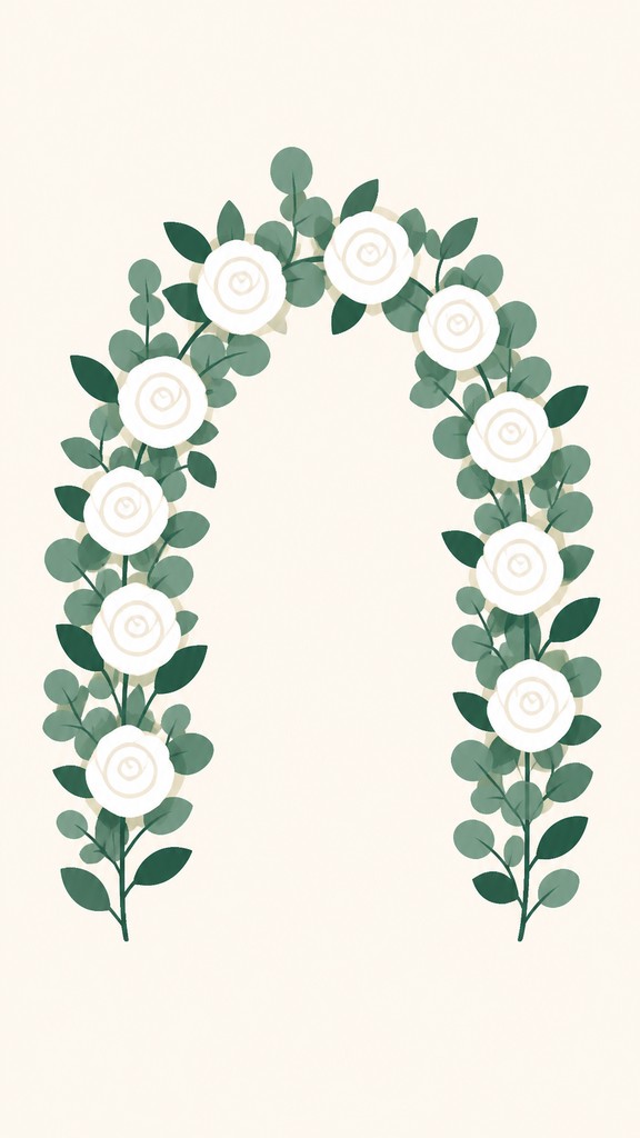 an arch of white roses and eucalyptus in soft morning light, elegant vertical composition with open space, no text