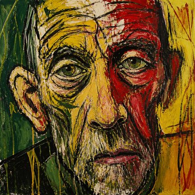 close-up portrait of an elderly person with expressive weathered features