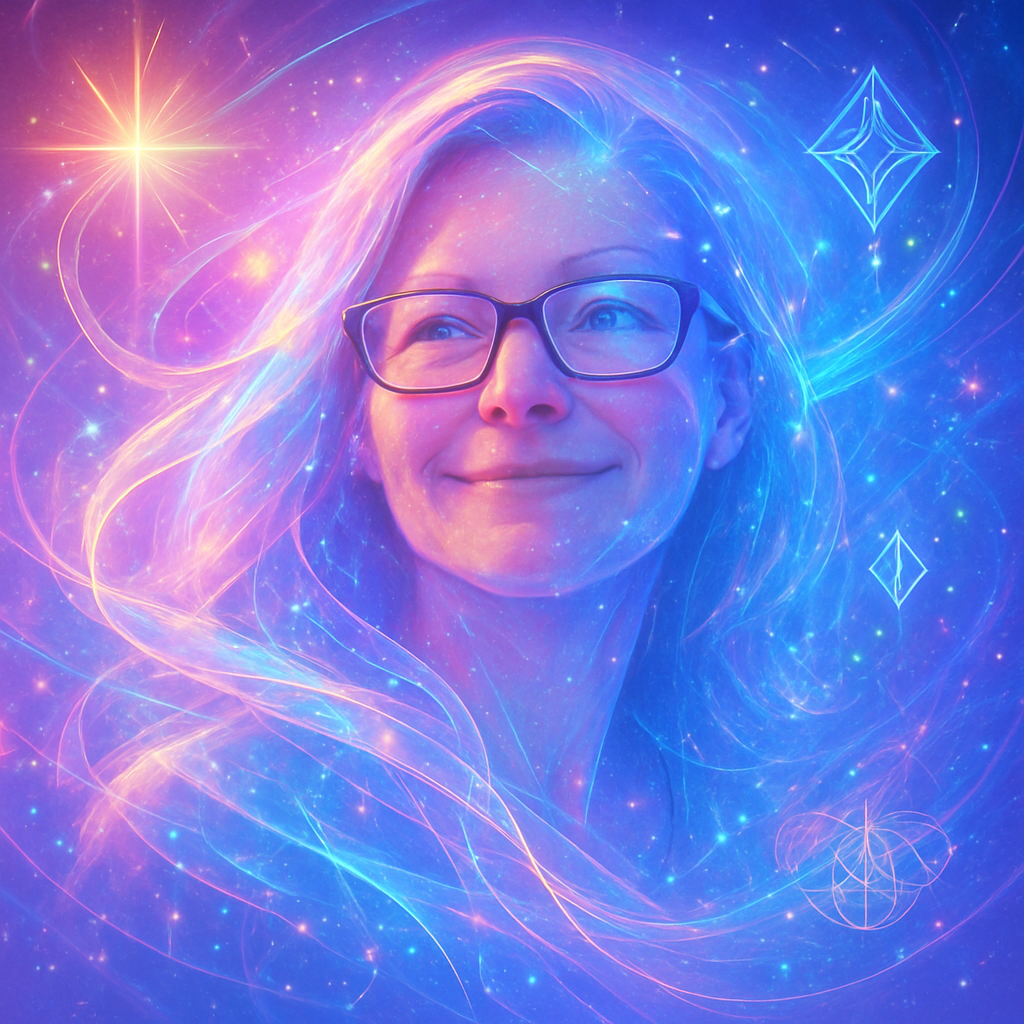 a woman with glasses and a star in the background
